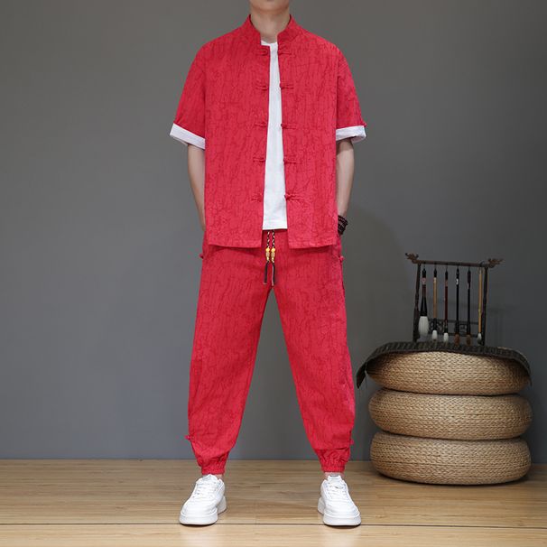 CT Summer New Uomo Cinese Cotone Lino Stile Antico Hanfu Tang Camicia a Maniche Corte Set Due Pezzi_voghion.com