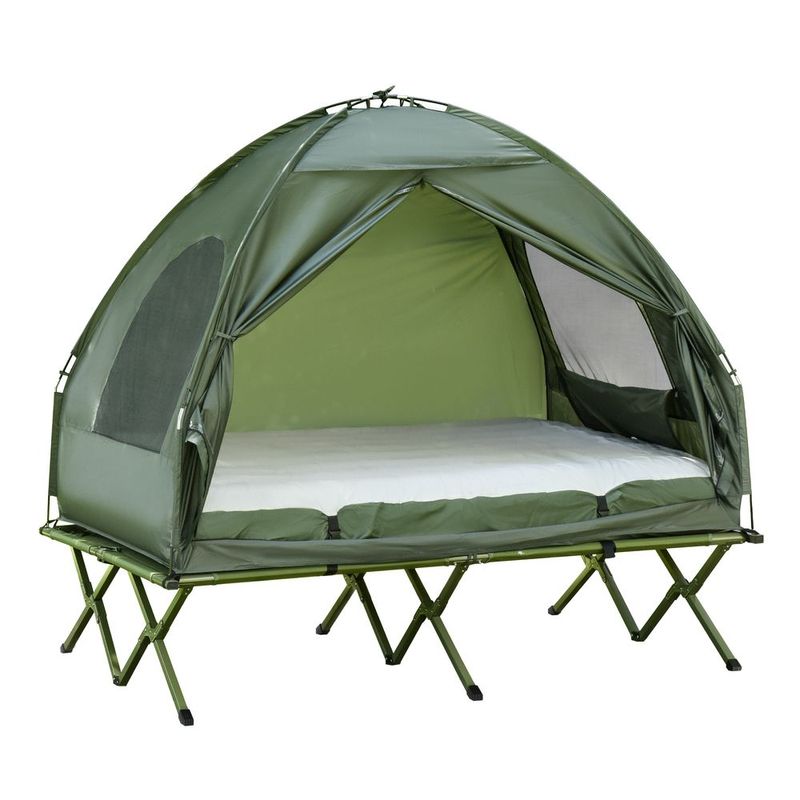 2-Person Foldable Camping Cot, Portable Outdoor W/ Bedspread &amp; Thick Air Mattress, 4-In-1 Elevated Camping Bed Tent For Hiking, Picnic, Green_voghion.com