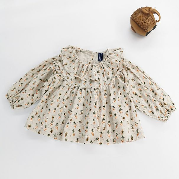 Κοριτσίστικο ανοιξιάτικο ντύσιμο, νέο τοπ με κορεάτικο στυλ, μοντέρνο φλοράλ μπλουζάκι με βολάν και χαλαρό, χαριτωμένο παιδικό μπλουζάκι για κούκλες_voghion.com