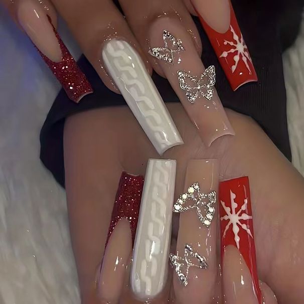 Faux ongles papillon élégants en alliage rouge français avec paillettes flocon de neige – Faux ongles réutilisables pour femmes, faciles à appliquer, compatibles avec colle et gel_voghion.com