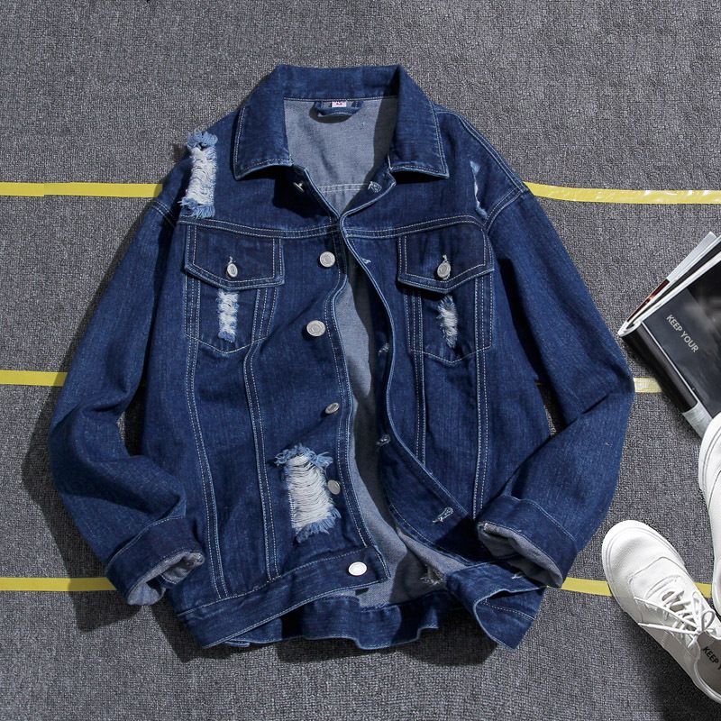 Giacca ampia da uomo autunno nuova # 039; giacca di jeans a maniche lunghe tinta unita lavata di tendenza per adolescenti._voghion.com