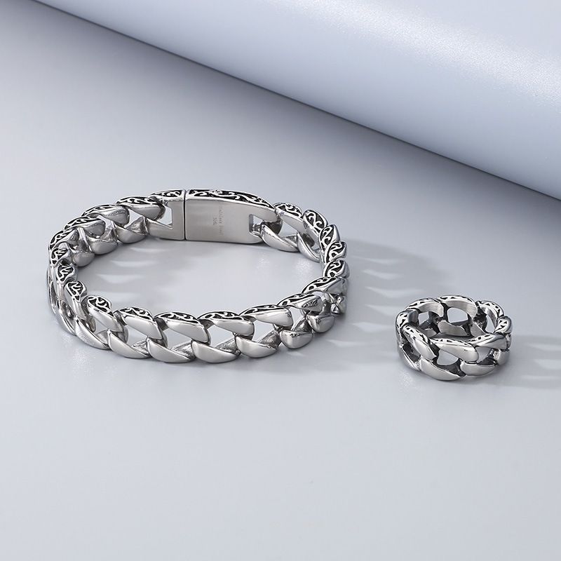 Minimalistischer Herrenring aus Titan, kreatives Armbandset mit geschwärzter Kante und kubanischer Kette aus Edelstahl_voghion.com