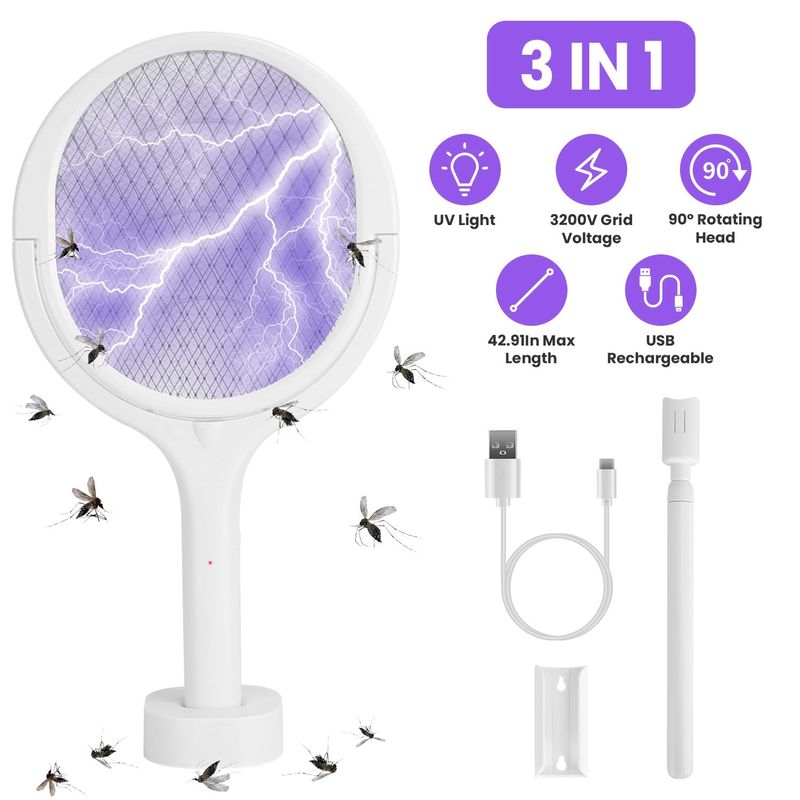 3 In 1 Electric Bug Zapper Racket 90ºRotating Bug Zapper Wand Indoor Outdoor Handheld Mosquito Swatter With Telescopic Extension Wand_voghion.com
