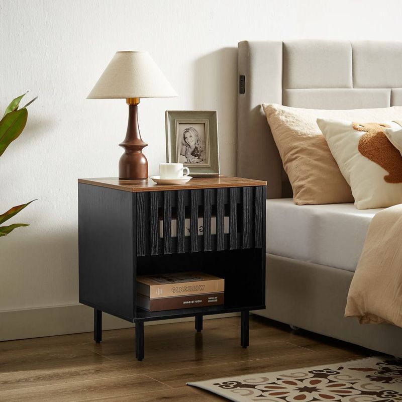2 Set Nightstands With Grille Striped Doors, Mid Century Modern Nightstand, Bedside Table With Slatted Drawer Decor, End Tables Bedroom With Metal Legs, Night Stand For Bedroom_voghion.com