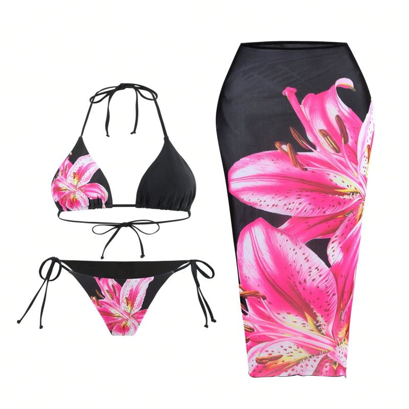 3-teiliges bedrucktes Bikini-Set für Damen – Schmaler Wickelrock und passender Badeanzug für Strand und Pool_voghion.com