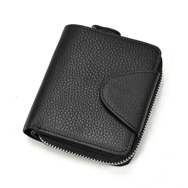 Kurze Herren-Geldbörse mit Reißverschluss, klein, schwarz, aus echtem Leder, mit mehreren Kartenfächern, aus Rindsleder_voghion.com