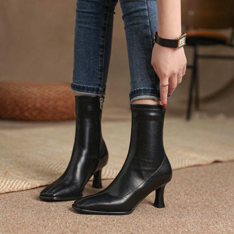 Stivali corti elastici sottili autunno inverno nuovo stile morbido calzini punta quadrata eleganti tacchi alti_voghion.com
