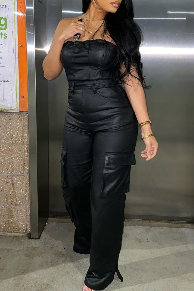 nye dameklær 2023 Europeisk og amerikansk sexy off-shoulder tube topp stram midje jumpsuit i PU skinn_voghion.com