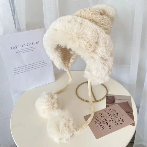 Inverno per donna con collo di pelliccia e perle, cappello lavorato a maglia, stile coreano, alla moda, snellente, caldo, pullover, alla moda,_voghion.com