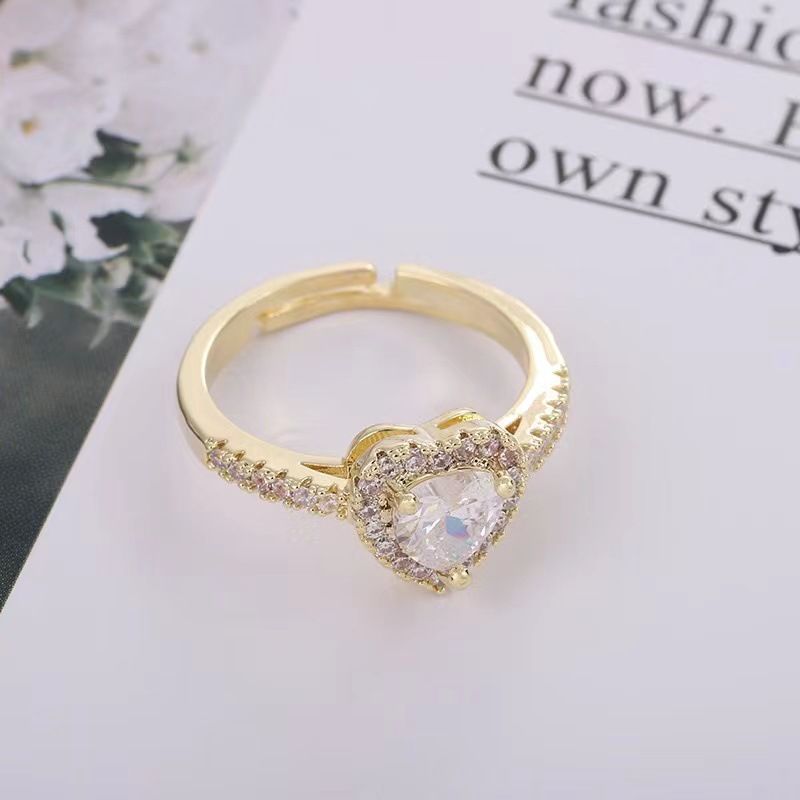Amore pieno di zirconio cuore pesca anello aperto nuovo paio di anelli giapponese e coreano tutto abbinato anello a cuore regolabile_voghion.com