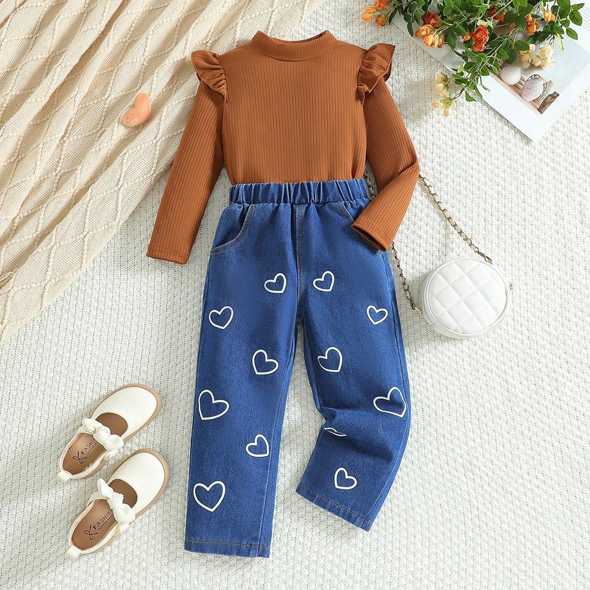 Mother & Kids Washed Denim Flared Pants Autumn Long Sleeve Flutter Top + Washed Denim Bell-Bottom Pants Set For Girls (4Y-7Y) – Caramel Brown_voghion.com