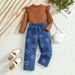 Mother & Kids Washed Denim Flared Pants Autumn Long Sleeve Flutter Top + Washed Denim Bell-Bottom Pants Set For Girls (4Y-7Y) – Caramel Brown_voghion.com