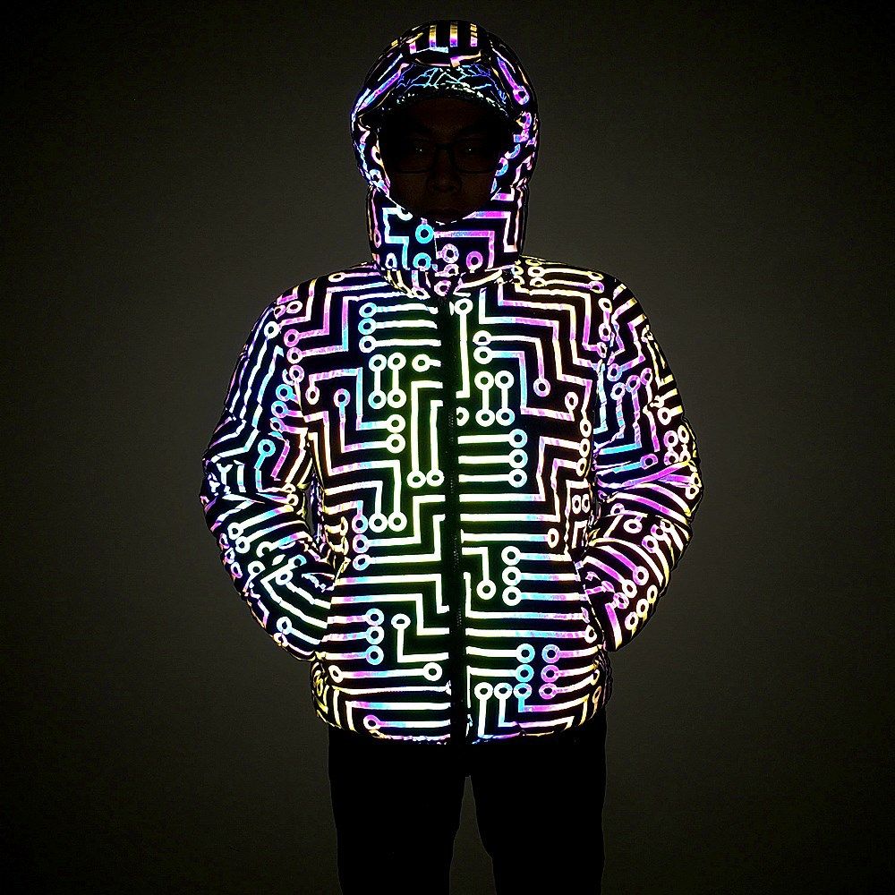 Herrenbekleidung Winter neuer Schaltungsmuster bunter reflektierender Baumwollmantel der Männer leuchtender Mode großer Baumwollmantel_voghion.com