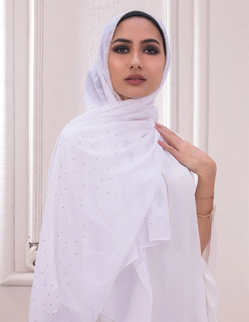 Unisex Monochrome pearl chiffon chain scarf Malay Indonesian hot drill chain scarf covering head gauze scarf_voghion.com