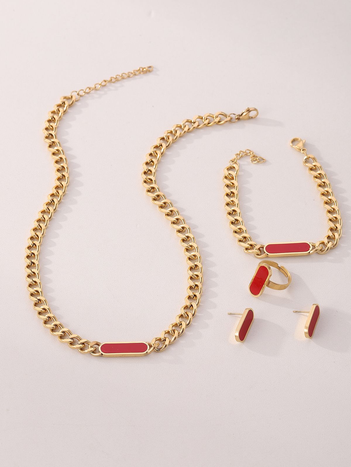 Ensemble de bijoux quatre pièces en acier inoxydable plaqué nacre, collier, bracelet, boucles d'oreilles, bague, chaîne cubaine_voghion.com