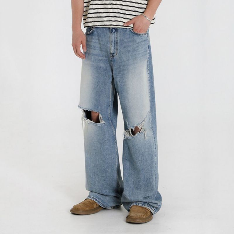 Abbigliamento uomo MYQ Jeans strappati e lavati invecchiati Pantaloni casual estivi larghi da uomo Pantaloni dritti alla moda_voghion.com