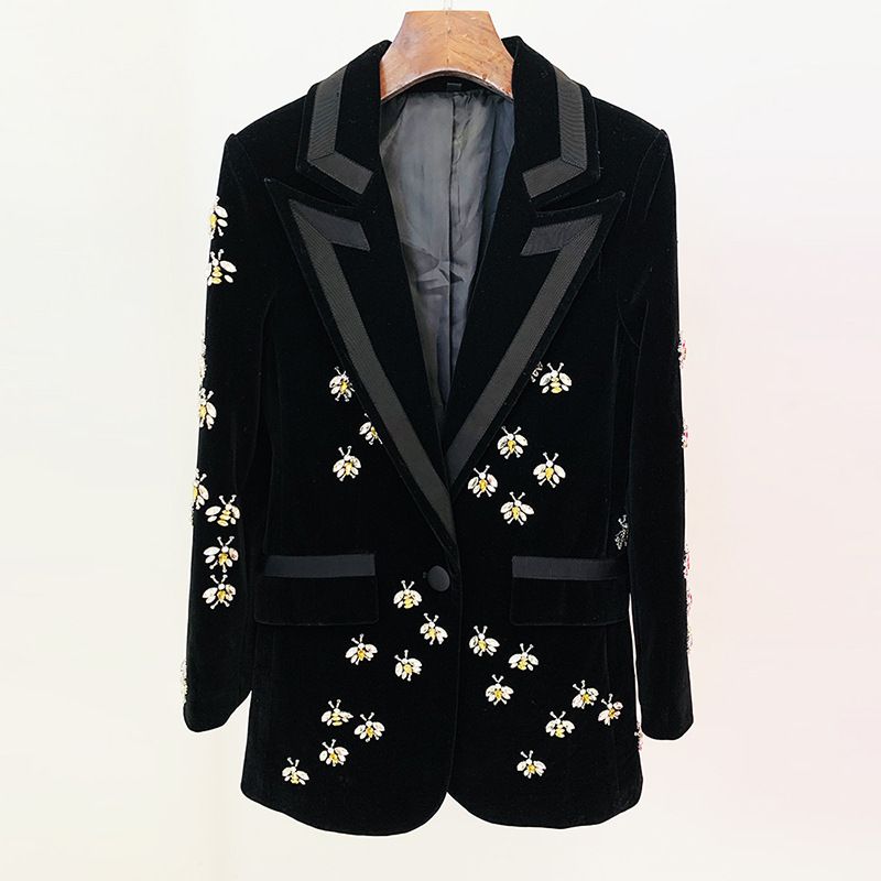 Blazer en velours coupe slim pour femme avec perles en diamant – Veste élégante pour le bureau et le soir, noir, S-XXXL_voghion.com