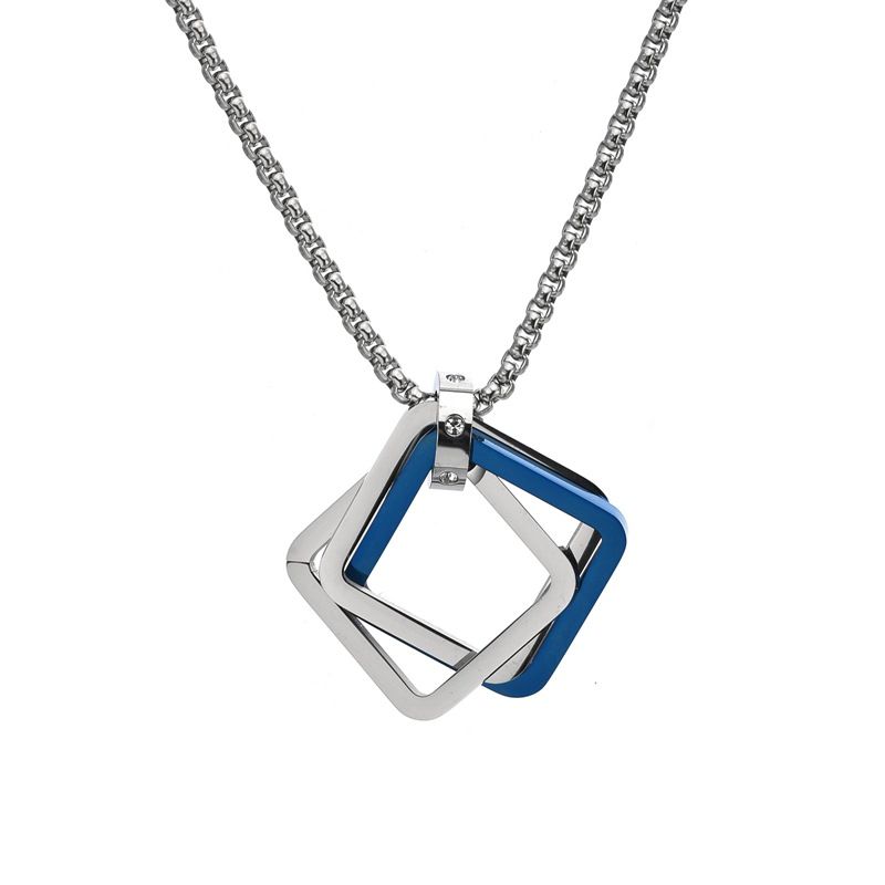 Men's Jewelry Square Geometric Hip Hop Ring Crystal Couple Three Ring Titanium Steel Pendant Long Sweater Chain Jewelry_voghion.com