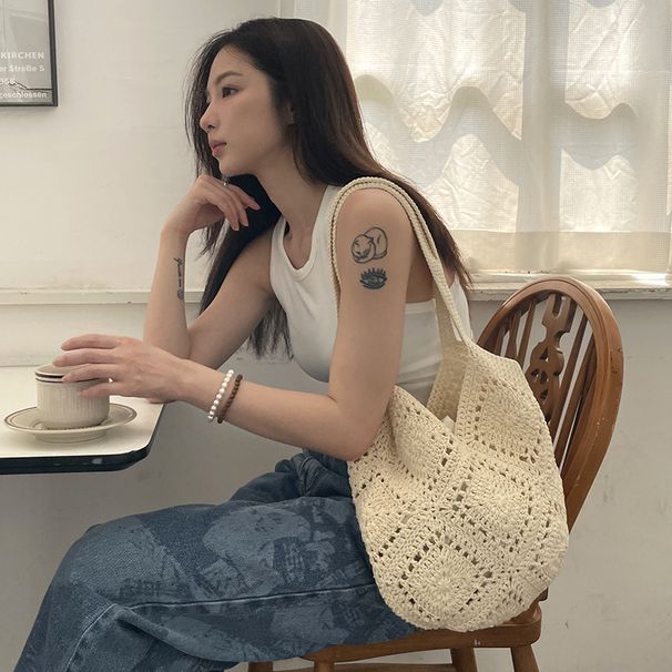 seaside ins style large capacity woven bag versatile hollow cotton bag beach bag_voghion.com