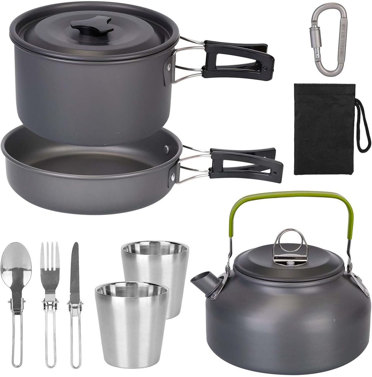 Set di pentole da campeggio da 12 pezzi, set di pentole e padelle portatili per fornello da campeggio, per escursioni, picnic all'aperto con tazza, forchetta, cucchiaio, coltello, grigio_voghion.com