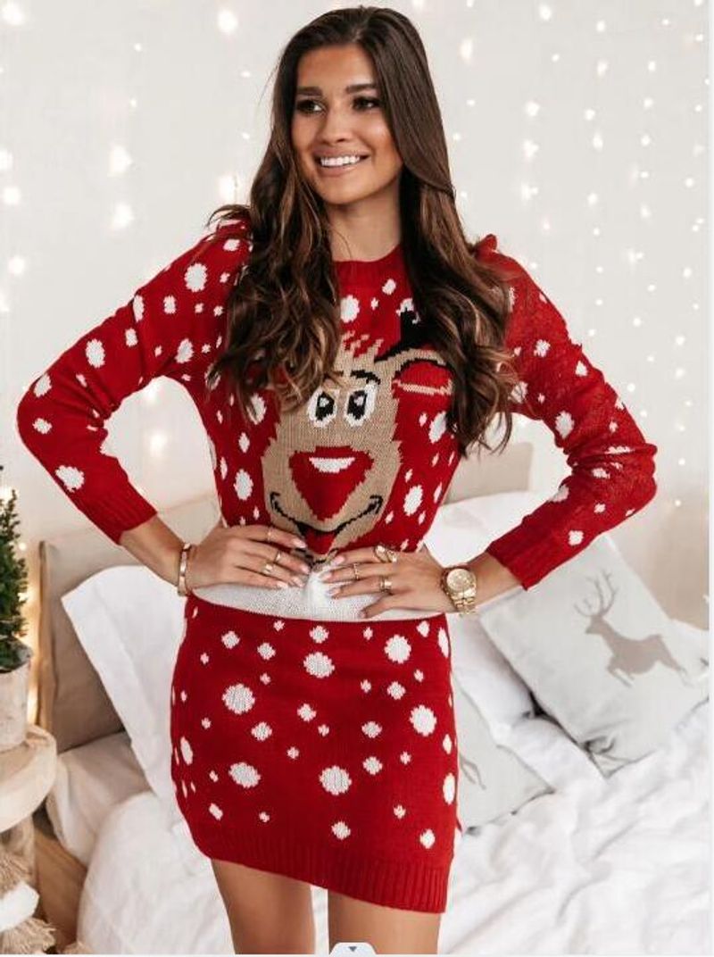 Vêtements pour femmes Pull de Noël Pull jacquard élan de Noël Robe à manches longues_voghion.com