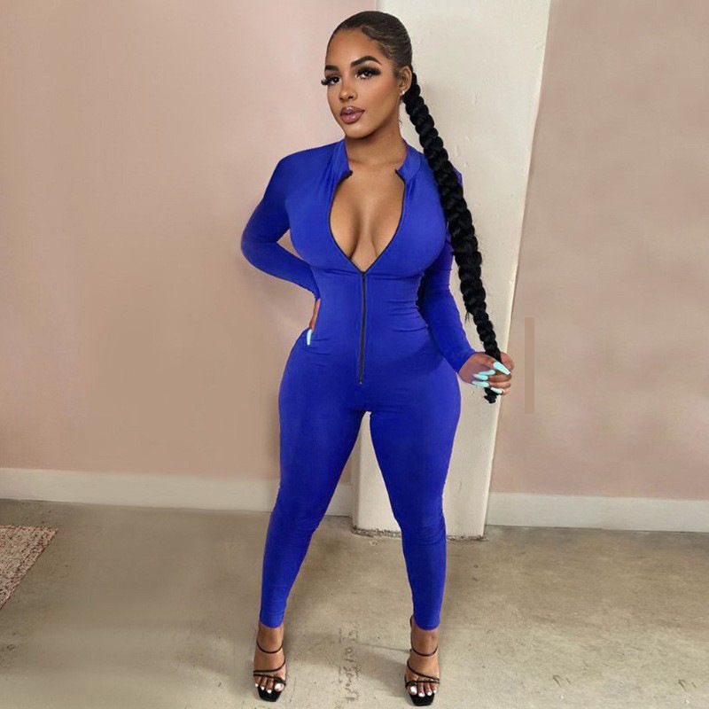 Damen sexy Frühling und Herbst langer, modischer, schlanker Overall mit Reißverschluss_voghion.com