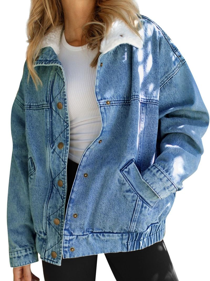Giacca invernale in denim da donna con collo in pelliccia sintetica staccabile - Cappotto casual comodo e ampio da indossare tutti i giorni (blu neve, S-2XL)_voghion.com
