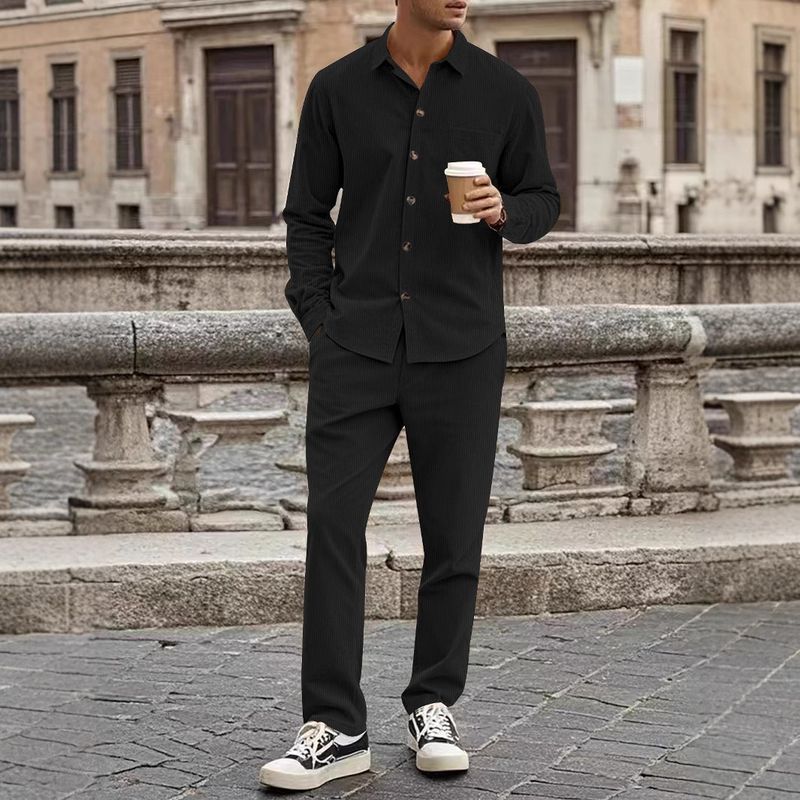 Kleidung Neue Cord Herren Frühling und Herbst Casual Revers Button Shirt Langarm Hosen Anzug_voghion.com