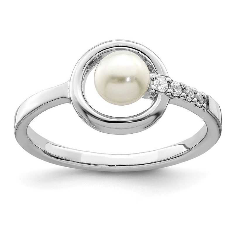 Sterling Silver Rhodium-plated CZ 5-6mm Button FWC Pearl In Circle Ring_voghion.com