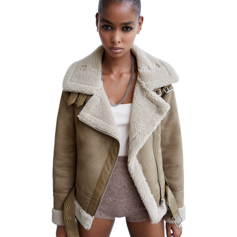 Women's Large Lapel Thick Motorcycle Suede Black Coffee Fur All-in-one Coat_voghion.com