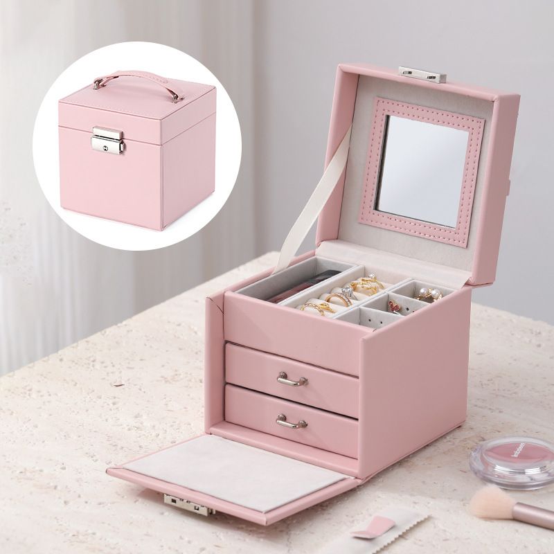 Elegant Multi-Layer Leather Jewelry Box With Mirror & Keychain - Perfect For Rings, Necklaces & Nail Art Storage (12.5x12.5x12.5cm)_voghion.com