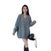 Maglione pullover di media lunghezza con scollo a V, semplice e di alta qualità, in stile coreano, per donna, alla moda, ampio, pigro, versatile_voghion.com