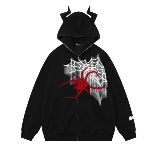 Ontwerpers Donker Monster Hoorns Spinnenwebben Grafisch Sweatshirt Losse Oversized Rits Hoodie Gothic Y2K Kawaii Kleding Haruku Winter_voghion.com