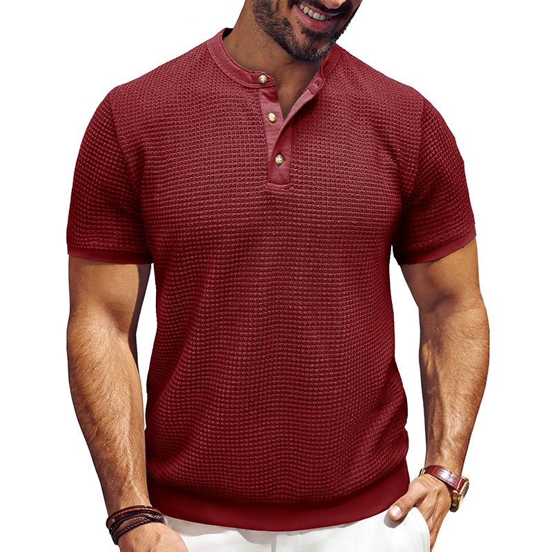T-shirt Henley texturé pour homme – T-shirt à manches courtes d'inspiration rétro en mélange de polyester respirant (S-XXL) – Coupe décontractée pour un confort quotidien_voghion.com