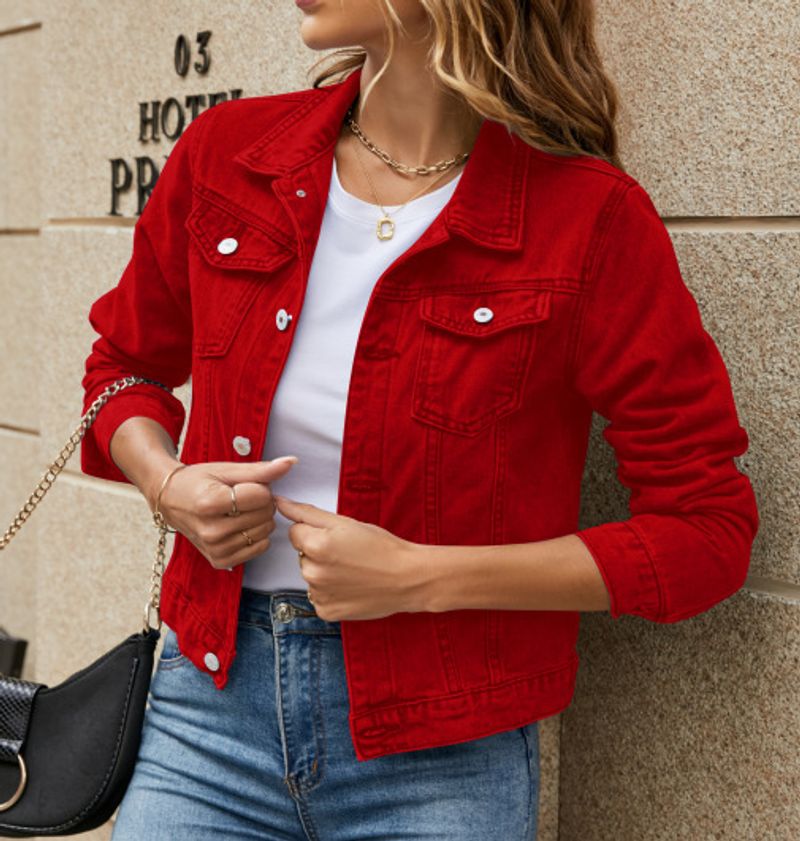 Women's Clothing Fashion Slim Lapel Denim Jacket One Piece Solid Color All Match_voghion.com