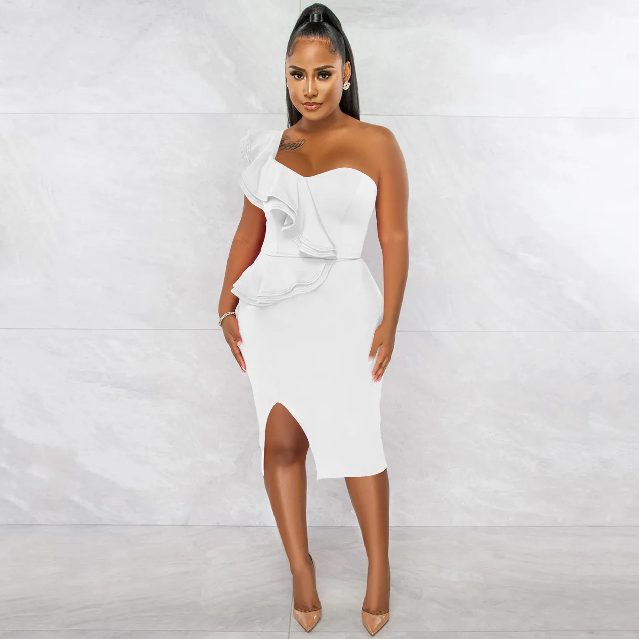 Women's Clothing fashion casual ruffled slit one shoulder sleeve dress women's clothing_voghion.com