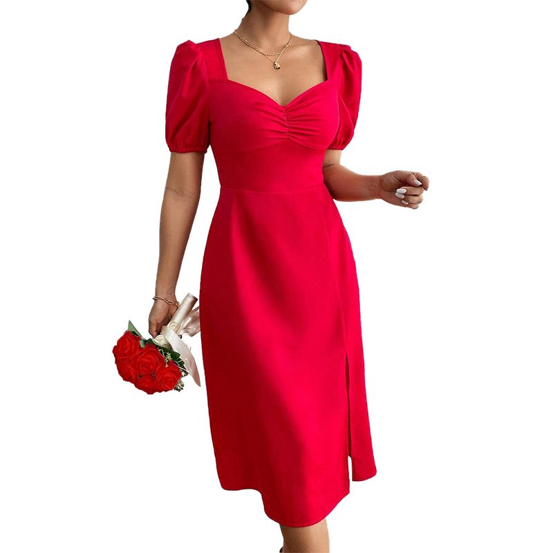 Robe rouge à manches bouffantes et col carré, nouvelle collection 2025_voghion.com