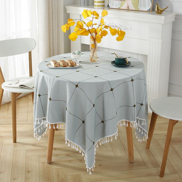 Ronde tafelkleed in Scandinavische stijl met franjes, grote geruite picknicktafelstof, katoenen en linnen tafelkleedhoes_voghion.com
