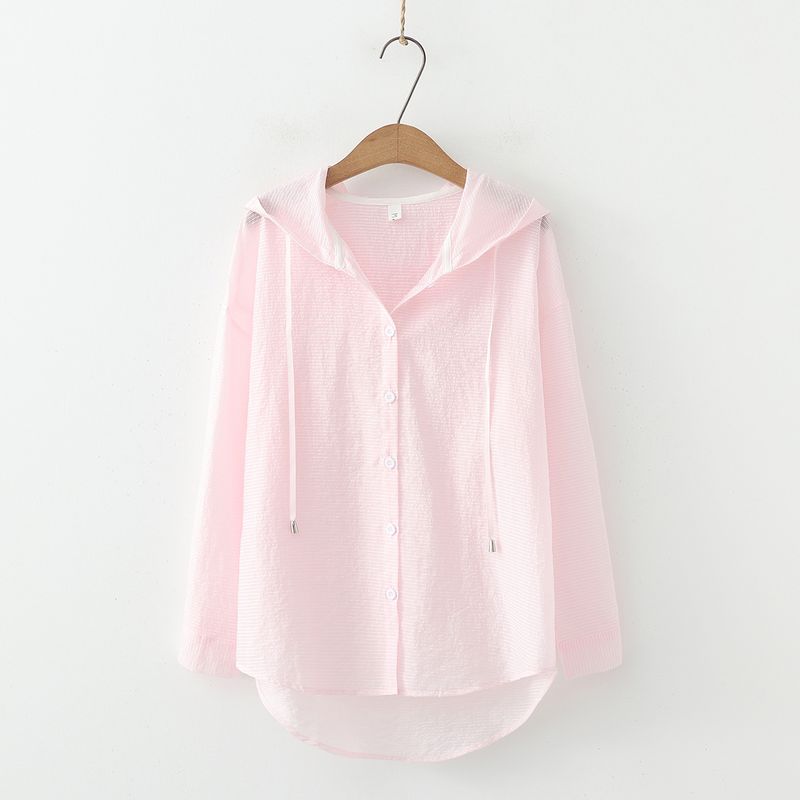 Japan Fashion Artistic Fresh Age-Reducing Stripe Loose Hood Short Coat Women's Long Sleeve Chiffon Sun Protection_voghion.com