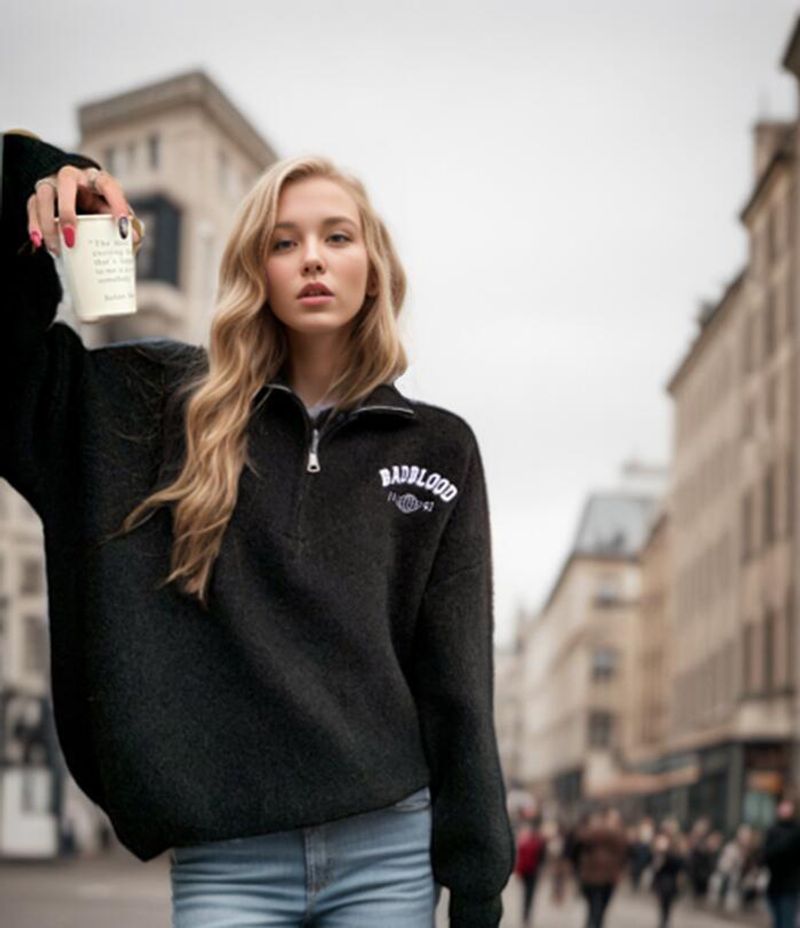 Pull rétro brodé à col montant pour femme, pull à manches longues avec fermeture éclair et revers, automne et hiver_voghion.com