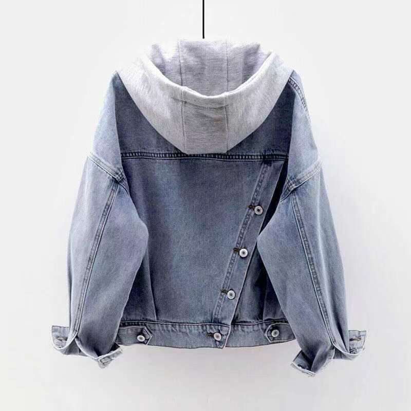 Giacca in denim oversize con cappuccio da donna – Giacca a maniche lunghe in stile streetwear coreano con tasche grandi (blu indaco, S-3XL)_voghion.com
