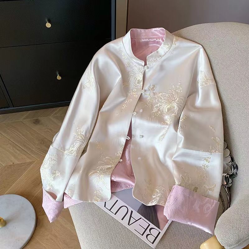 New Chinese style embroidered satin stand collar jacket  retro high-end temperament thin top_voghion.com