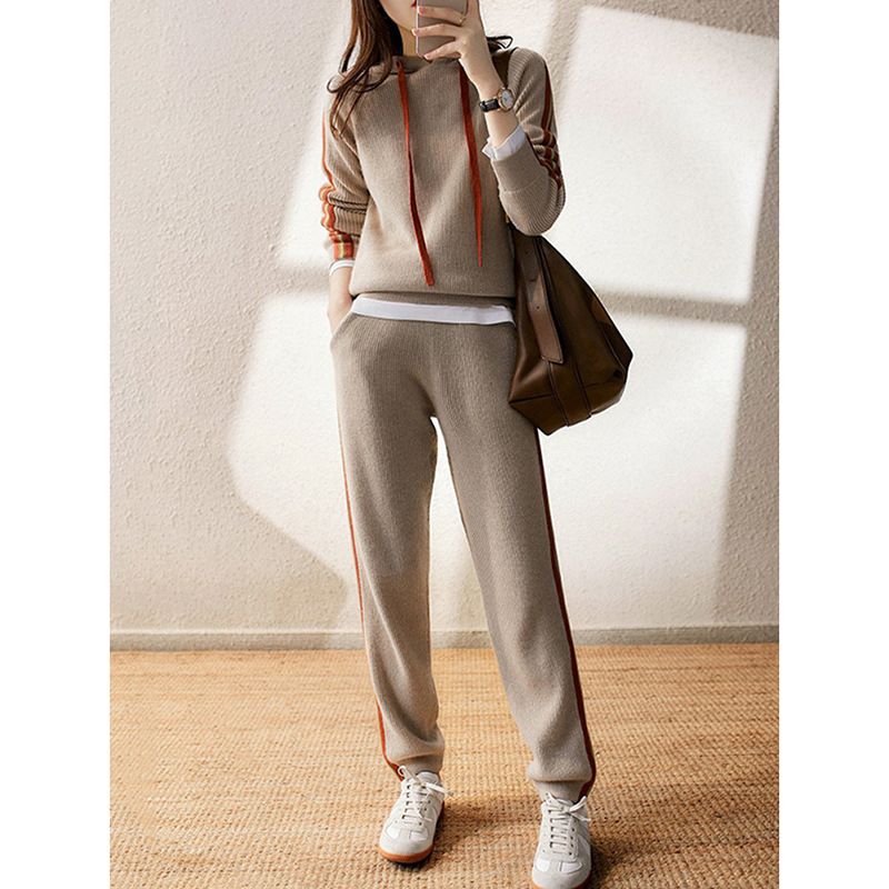 Women's Clothing Spring and autumn new Japanese style fashion women's casual sports suit contrast color hooded sweater pants knitted two piece suit_voghion.com