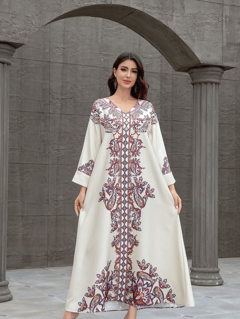 Elegantna muslimanska ženska haljina s printom i perlicama, Abaya_voghion.com