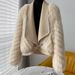Women's Faux Fox Fur Trimmed Short Coat - Double-faced Wool Blend Collar Fashion Cardigan - Cream & Light Camel_voghion.com