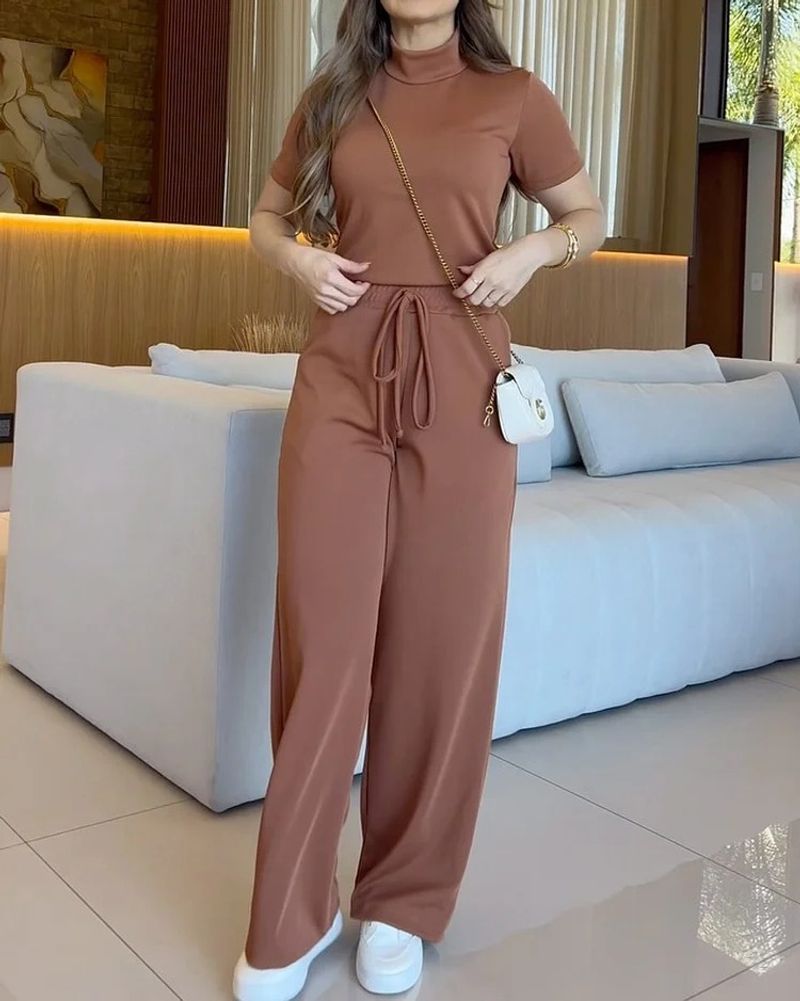 Women's Clothing Fashion High Necked Solid Color Casual Two Piece Suit_voghion.com