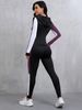 Women'S 2pcs Color Block Athletic Set - High Stretch Fabric, Hooded & Leggings, Black/White/Teal Patchwork, All-Season_voghion.com