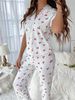 Loungewear-Pyjama für Damen, zweiteiliges Set aus kurzärmligem Oberteil und Hose, Kirschdruck._voghion.com