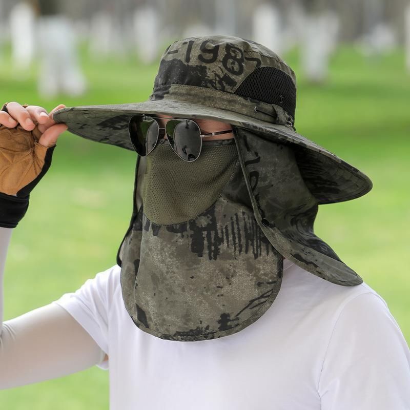 Hot Sale Anti-UV Wide Brim Sun With Face Mask Adjustable Agricultural Work Outing Hiking Fisherman Hat Breathable Beach Bucket_voghion.com