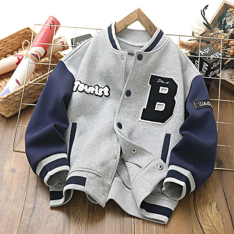 "Unisex Kids Baseball Jacket Soft Cotton Casual Outerwear For Boys & Girls (8+ Years) - Grey/Black/Red"​_voghion.com
